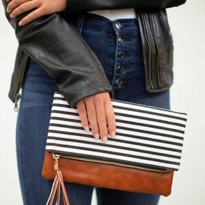 Striped Black and White Clutch with Brown Accent